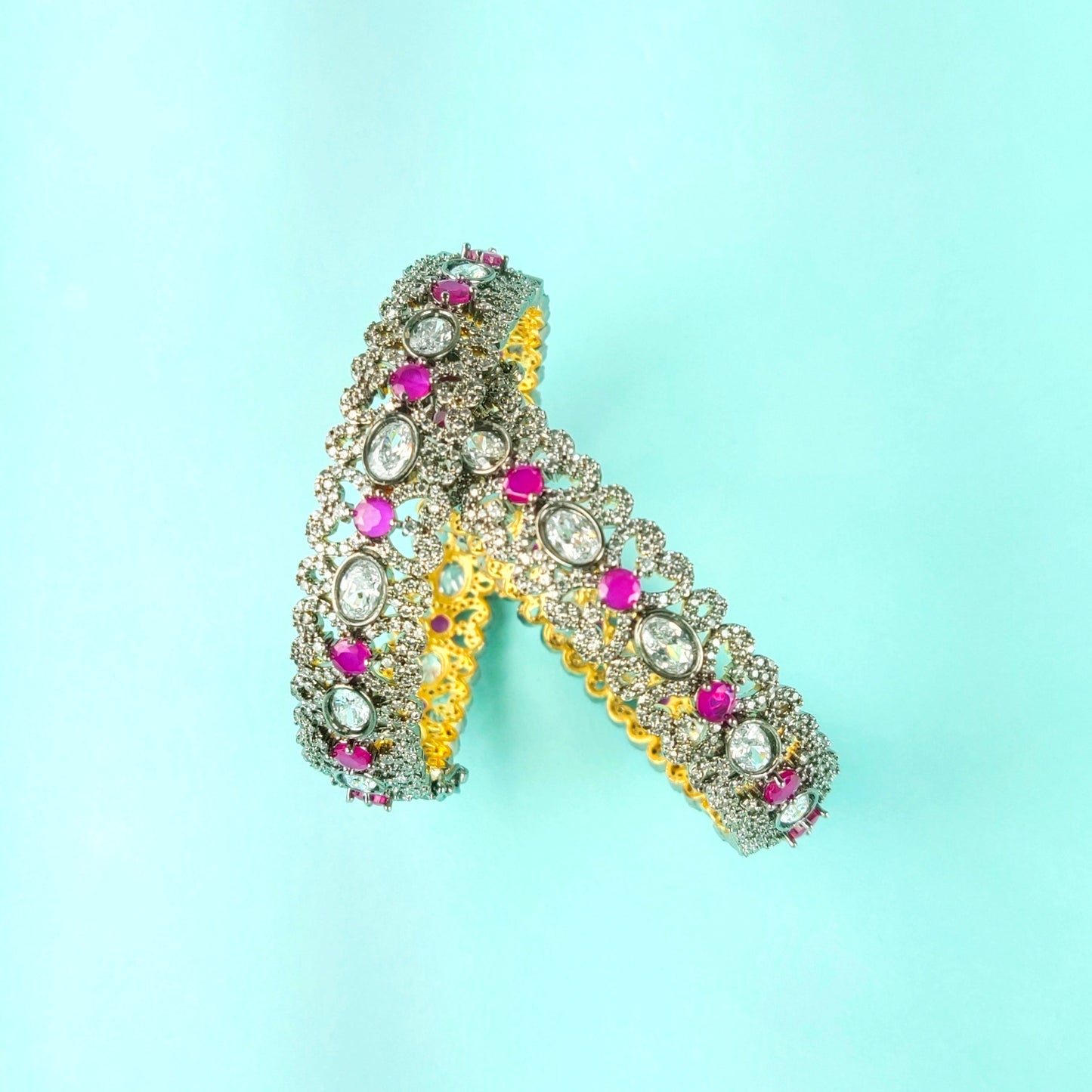 Victorian American Diamond Bangles Set - Openable Brass Gold Plated Bridal Jewelry