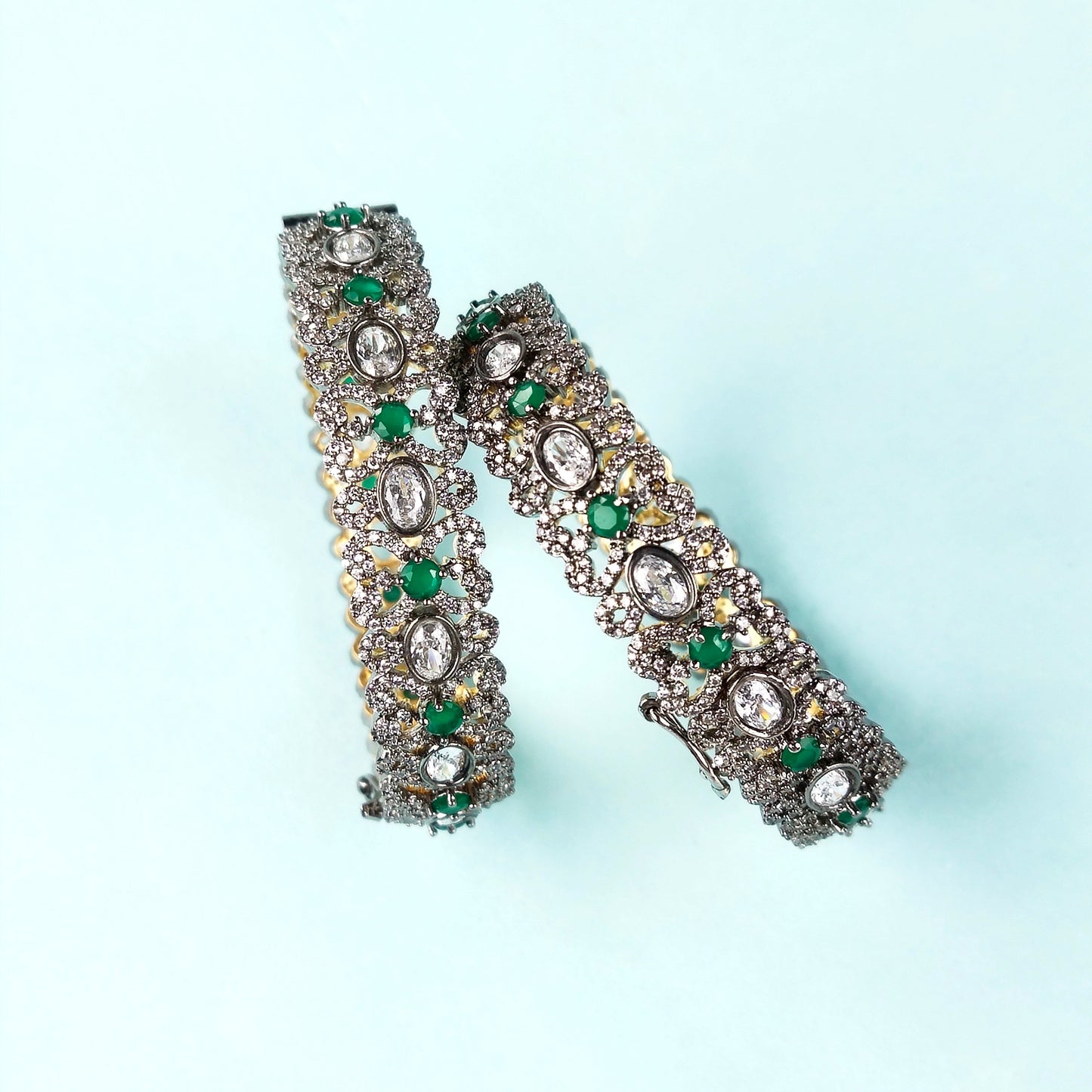 Victorian American Diamond Bangles Set - Openable Brass Gold Plated Bridal Jewelry