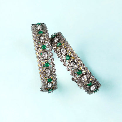 Victorian American Diamond Bangles Set - Openable Brass Gold Plated Bridal Jewelry