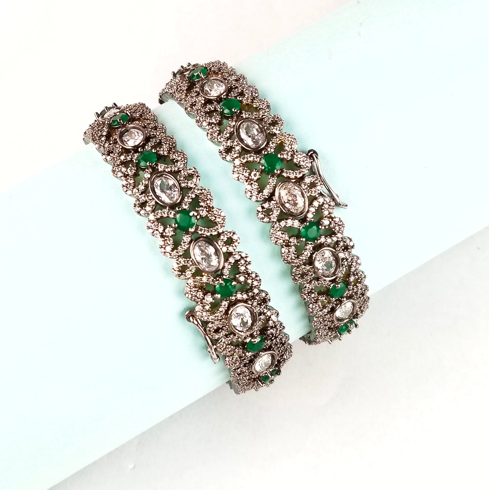 Victorian American Diamond Bangles Set - Openable Brass Gold Plated Bridal Jewelry