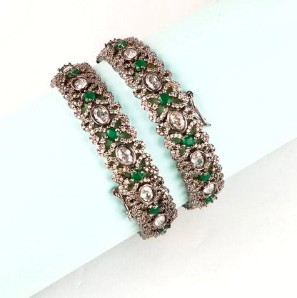 Victorian American Diamond Bangles Set - Openable Brass Gold Plated Bridal Jewelry