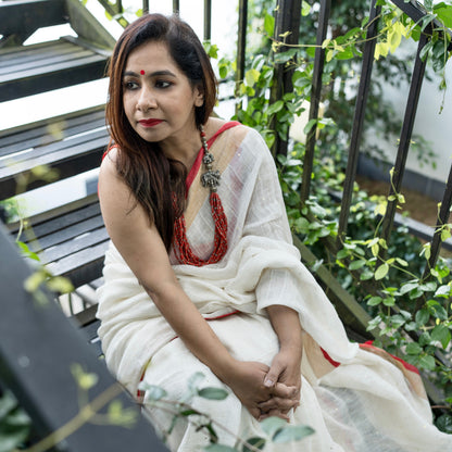Premium Woven Linen Saree - Saanjh Safed