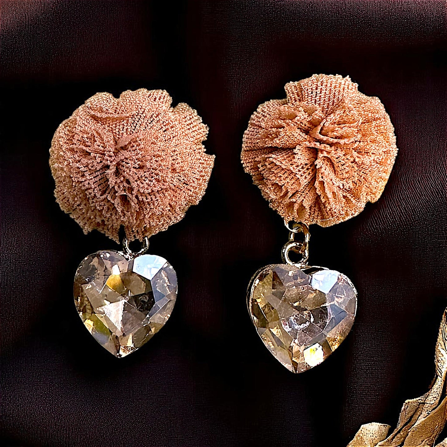 Ruffle Pom pom and Glass Stone Earrings Beige Earrings Ear Rings Earrings party Trincket Jewellry Jewelry Jewellery