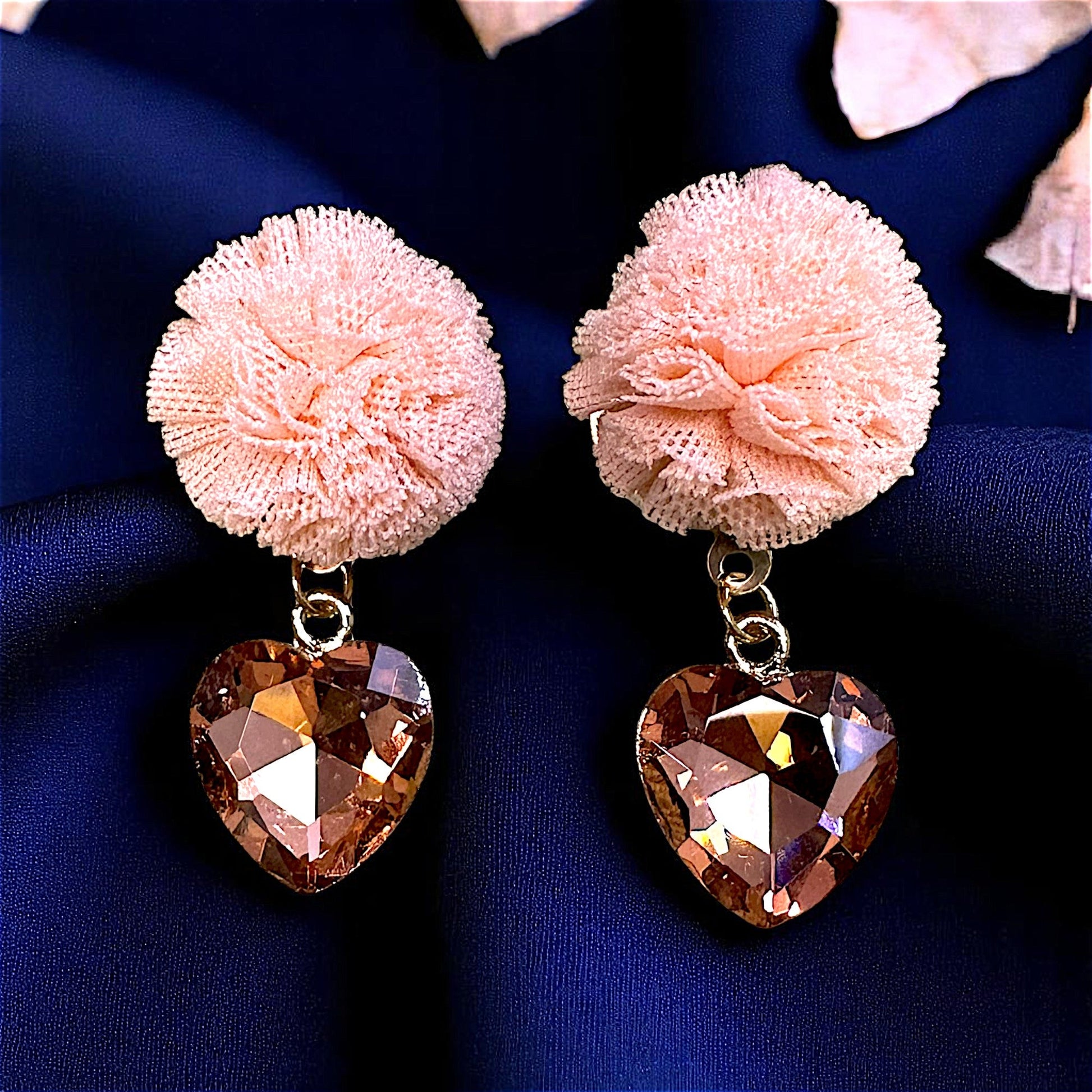 Ruffle Pom pom and Glass Stone Earrings Peach Earrings Ear Rings Earrings party Trincket Jewellry Jewelry Jewellery