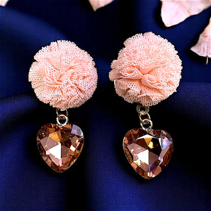 Ruffle Pom pom and Glass Stone Earrings Peach Earrings Ear Rings Earrings party Trincket Jewellry Jewelry Jewellery