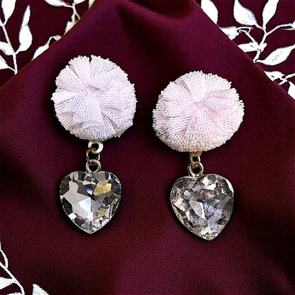 Ruffle Pom pom and Glass Stone Earrings White Earrings Ear Rings Earrings party Trincket Jewellry Jewelry Jewellery