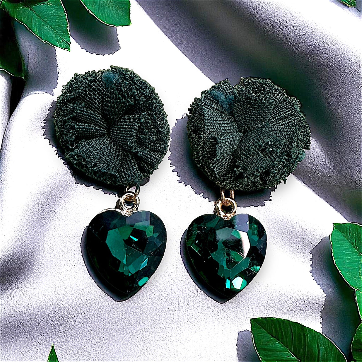 Ruffle Pom pom and Glass Stone Earrings Green Earrings Ear Rings Earrings party Trincket Jewellry Jewelry Jewellery