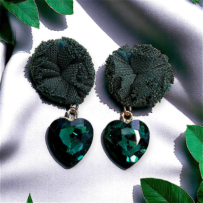 Ruffle Pom pom and Glass Stone Earrings Green Earrings Ear Rings Earrings party Trincket Jewellry Jewelry Jewellery