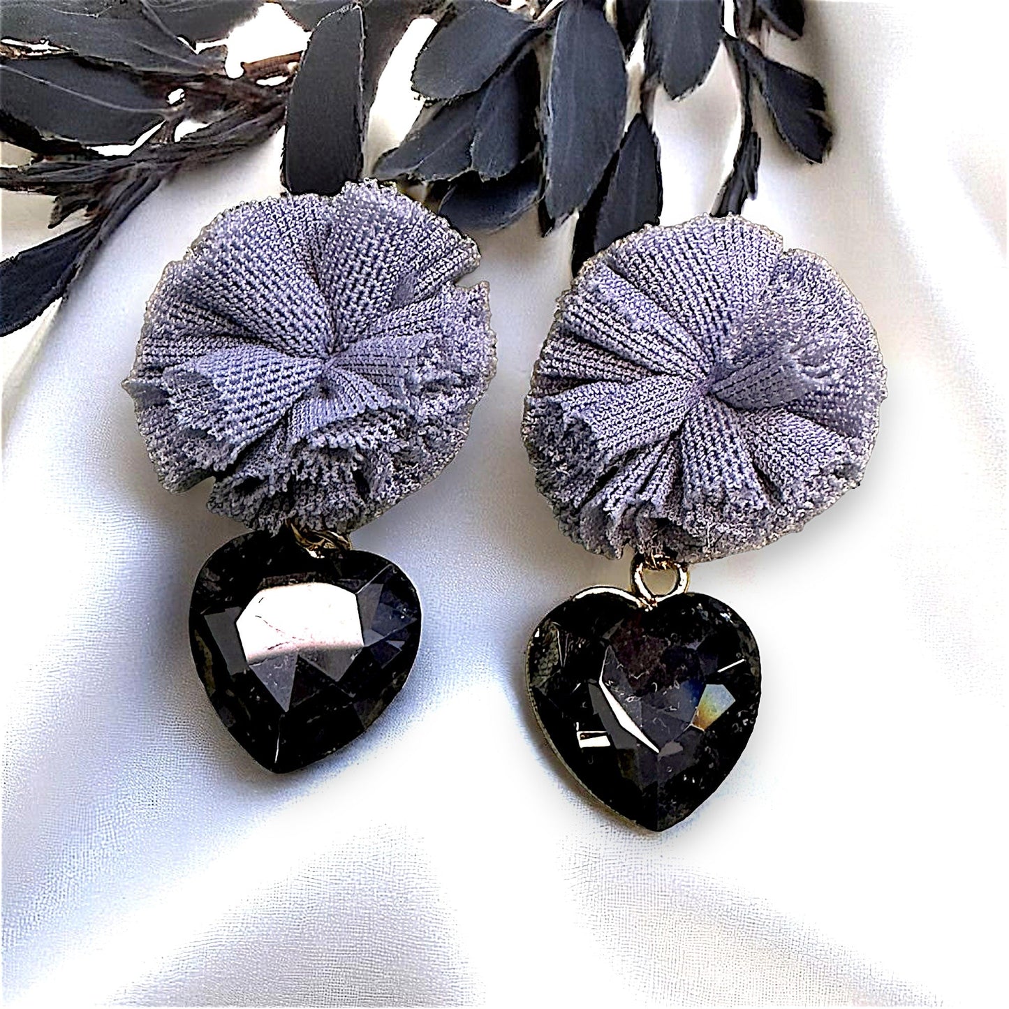 Ruffle Pom pom and Glass Stone Earrings Grey Earrings Ear Rings Earrings party Trincket Jewellry Jewelry Jewellery