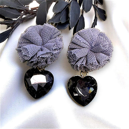 Ruffle Pom pom and Glass Stone Earrings Grey Earrings Ear Rings Earrings party Trincket Jewellry Jewelry Jewellery