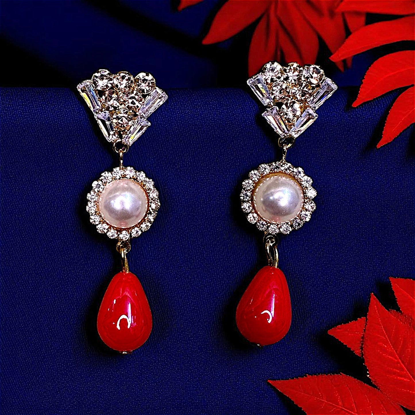 AD Stone studded Drop Earrings Red Earrings AD Ear Rings Earrings party Trincket Jewellry Jewelry Jewellery