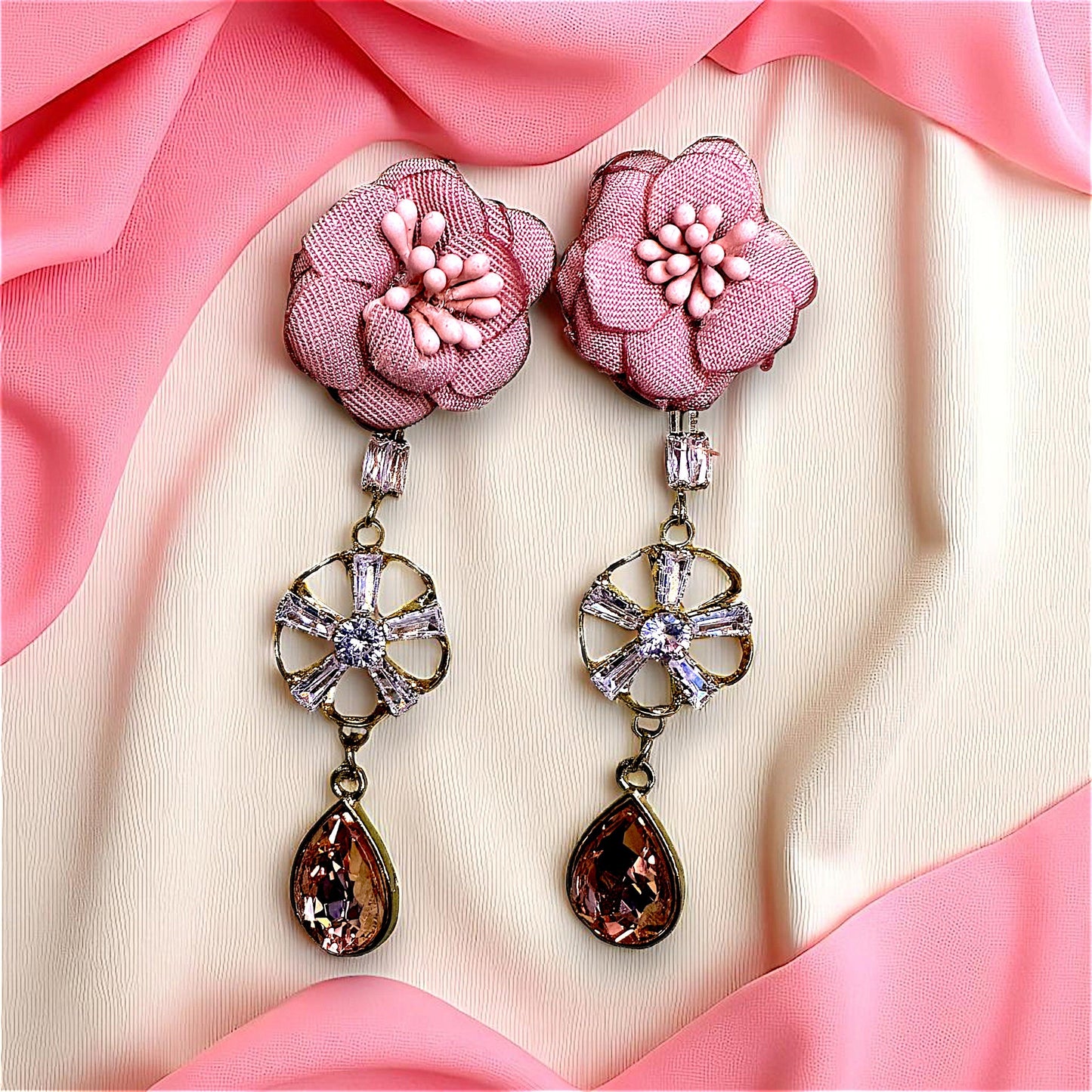 Flower Earrings with Glass Beads Pink Earrings AD Ear Rings Earrings party Trincket Jewellry Jewelry Jewellery