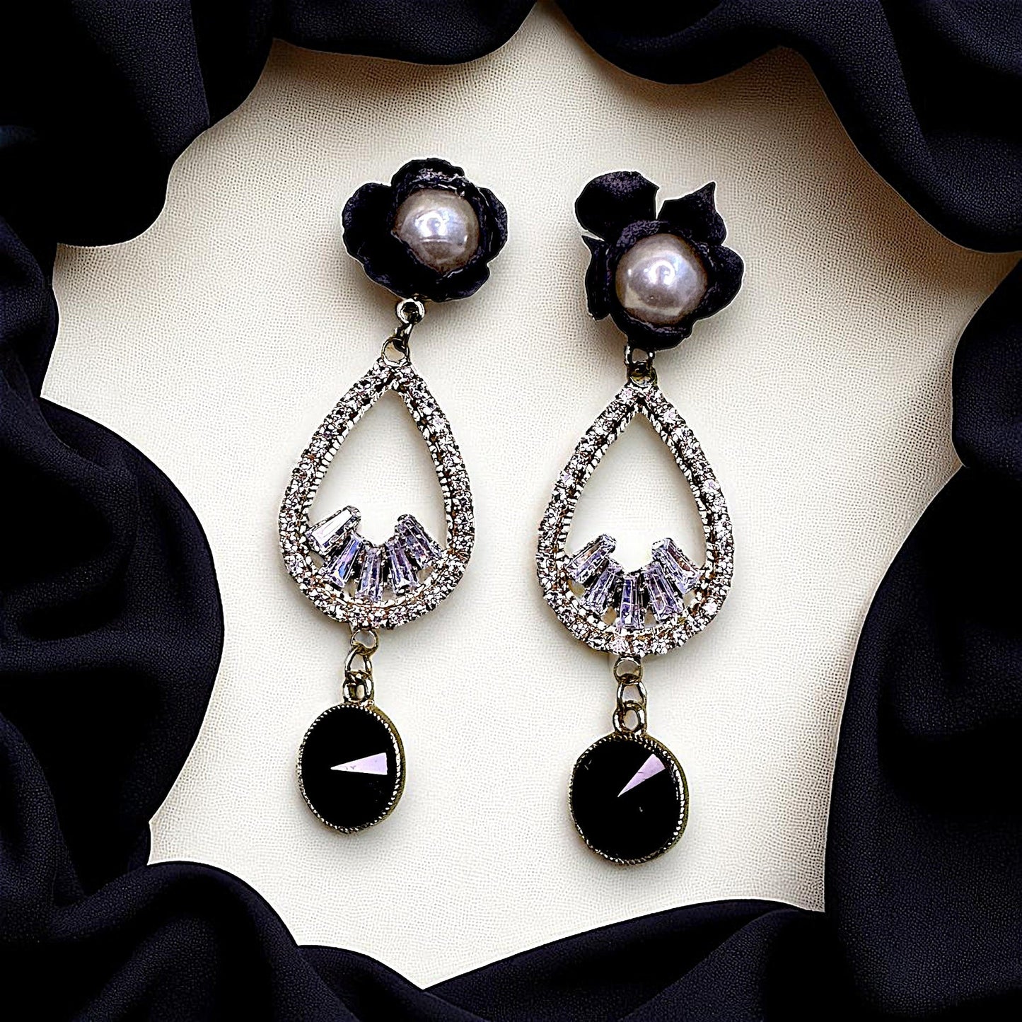 Flower And AD Earrings Black Earrings AD Ear Rings Earrings party Trincket Jewellry Jewelry Jewellery