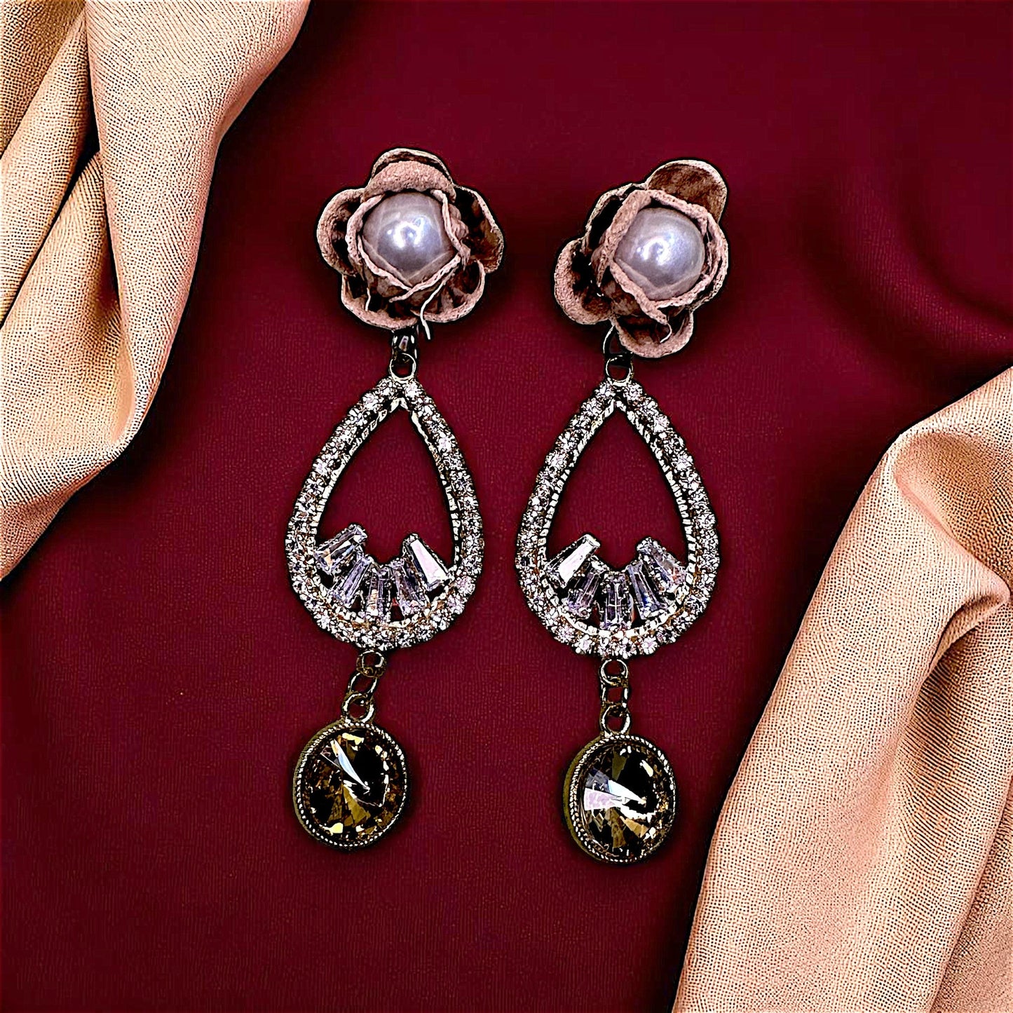 Flower And AD Earrings Beige Earrings AD Ear Rings Earrings party Trincket Jewellry Jewelry Jewellery
