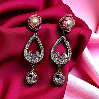 Flower And AD Earrings Pink Earrings AD Ear Rings Earrings party Trincket Jewellry Jewelry Jewellery