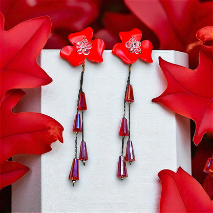 Big flower Earrings with Rice Stones Red Earrings bead Ear Rings Earrings party Trincket Jewellry Jewelry Jewellery
