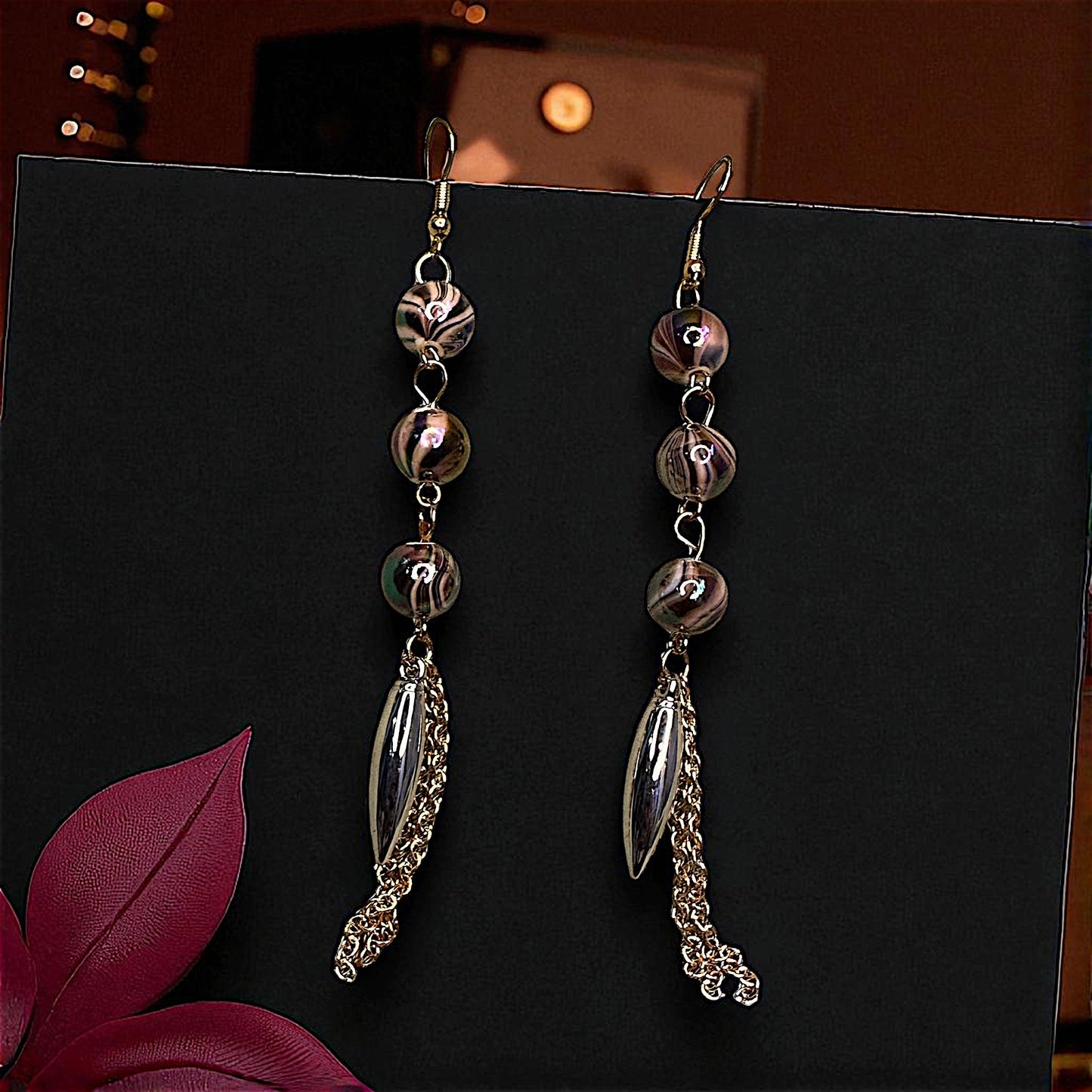 Three Bead Long Dangler Brown Earrings bead casuals Ear Rings Earrings party Trincket Jewellry Jewelry Jewellery