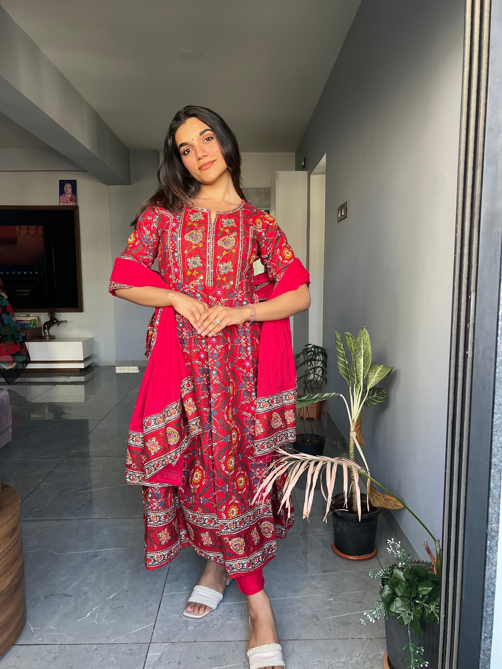 Red Anarkali Pure Cotton Kurta set