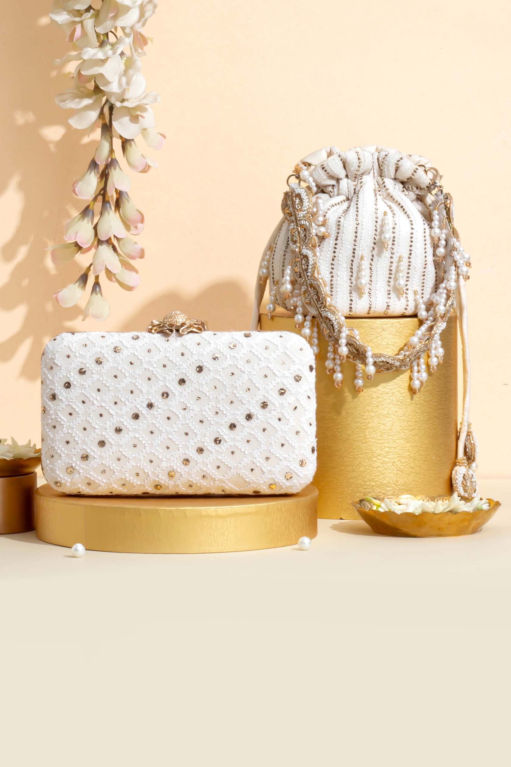 AMYRA - Ira Chikankari Mukaish Embroidered Box Clutch