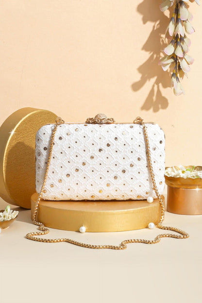 AMYRA - Ira Chikankari Mukaish Embroidered Box Clutch