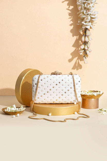 AMYRA - Ira Chikankari Mukaish Embroidered Box Clutch