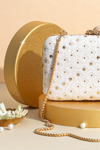 AMYRA - Ira Chikankari Mukaish Embroidered Box Clutch