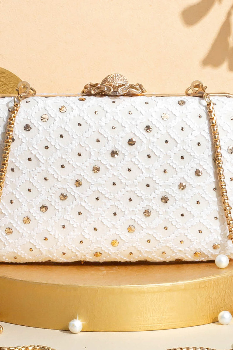 AMYRA - Ira Chikankari Mukaish Embroidered Box Clutch