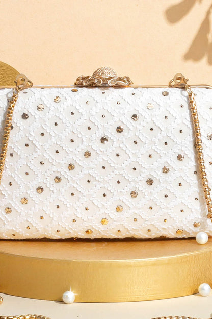 AMYRA - Ira Chikankari Mukaish Embroidered Box Clutch