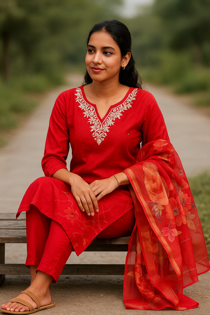 Red Kurti With Digital Printed Dupatta For Women & Girls