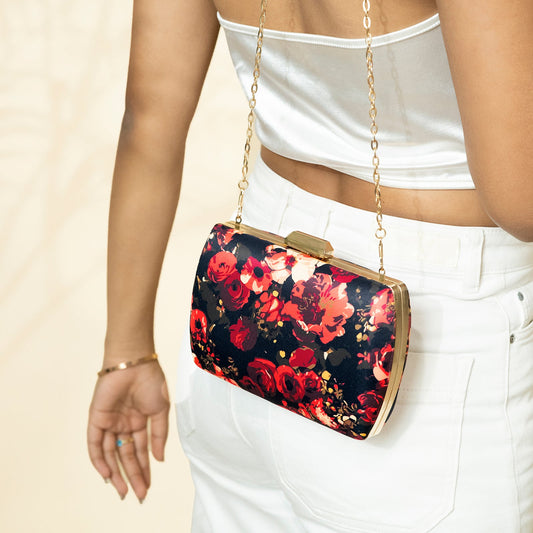 Midnight Mimosa Black And Red Printed Clutch