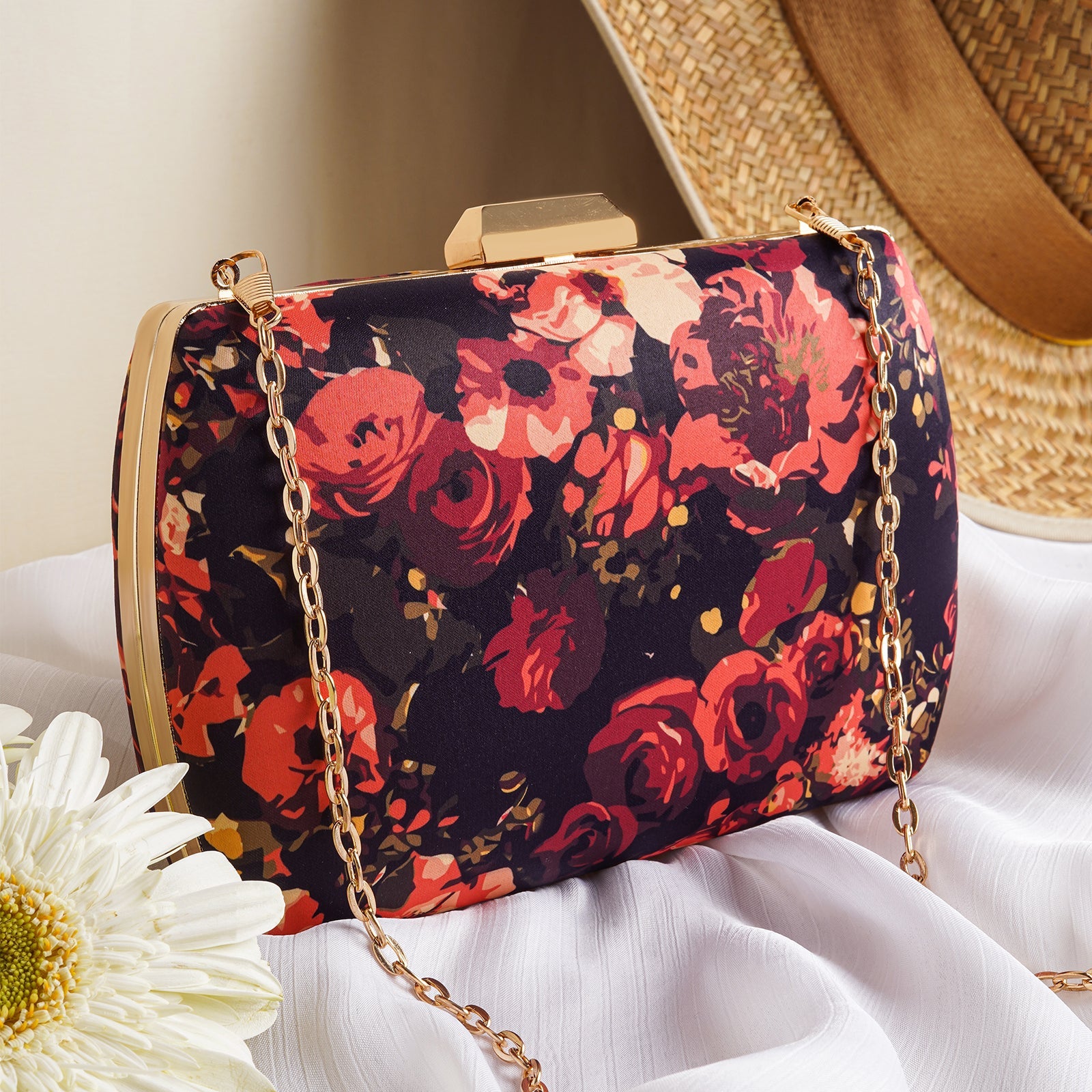 Midnight Mimosa Black And Red Printed Clutch