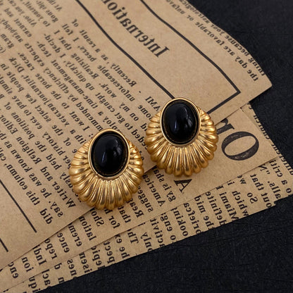 Vintage Style Oval Onyx Gold Stud Earrings JLT12711