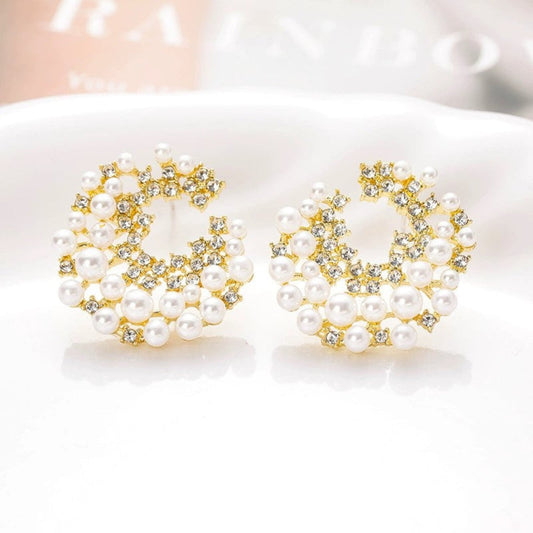 Gold Pearl and Crystal Wreath Studs JLT13686