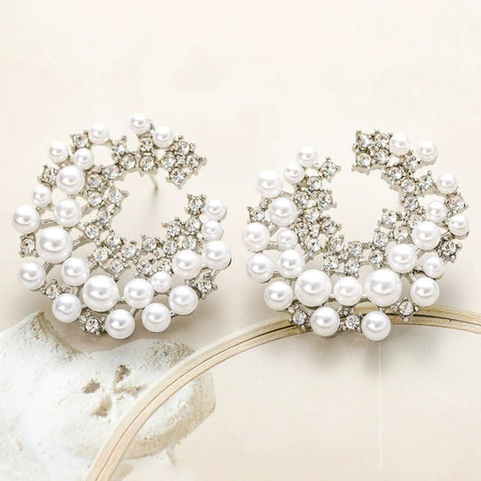 Silver Pearl and Crystal Wreath Studs JLT13687