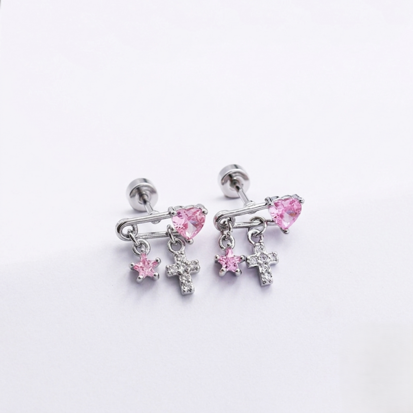 Pink Heart Safety Pin Earrings JLT13690