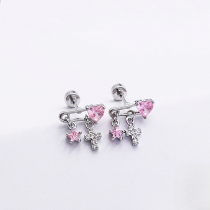 Pink Heart Safety Pin Earrings JLT13690