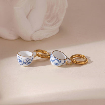 Blue Porcelain Floral Teacup Hoop Earrings JLT13710