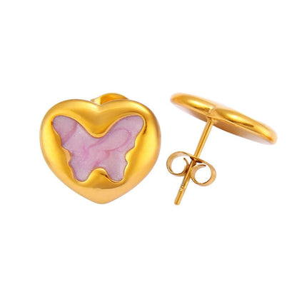 Pink Butterfly Heart Gold Studs JLT13724
