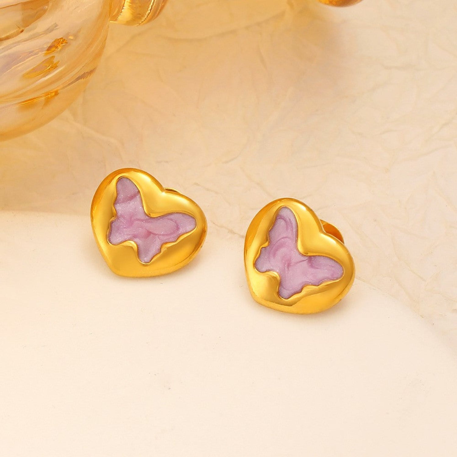 Pink Butterfly Heart Gold Studs JLT13724