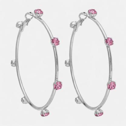 Silver Pink Crystal Hoop Earrings JLT13737