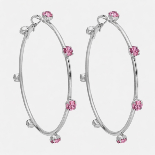 Silver Pink Crystal Hoop Earrings JLT13737