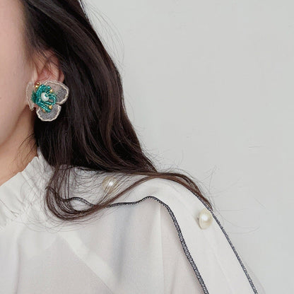 Green Floral Pearl Statement Earrings JLT13772
