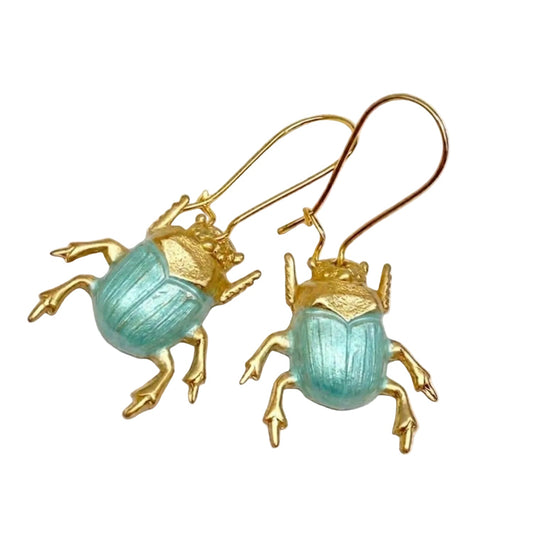 Gold Green Beetle Drop Earrings JLT13804