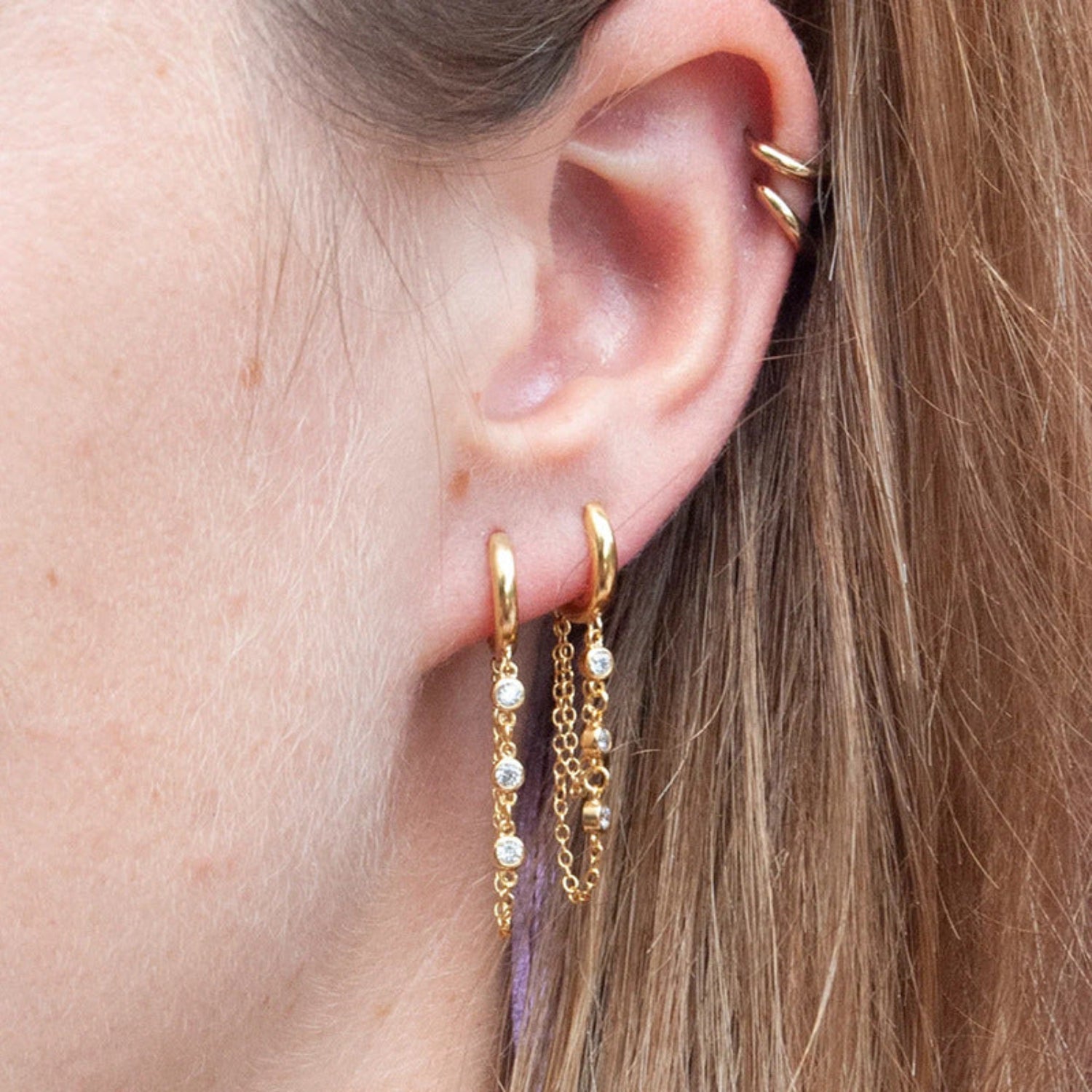Gold Crystal Chain Huggie Earrings JLT13806