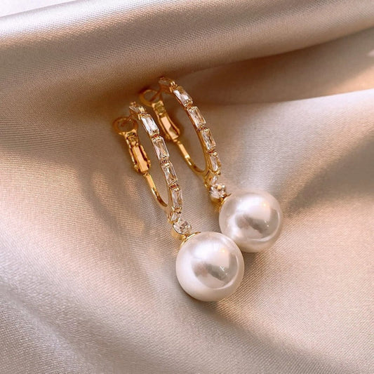 Gold Pearl Crystal Hoop Earrings JLT13816