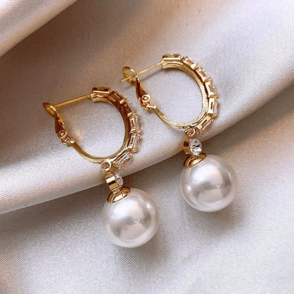 Gold Pearl Crystal Hoop Earrings JLT13816
