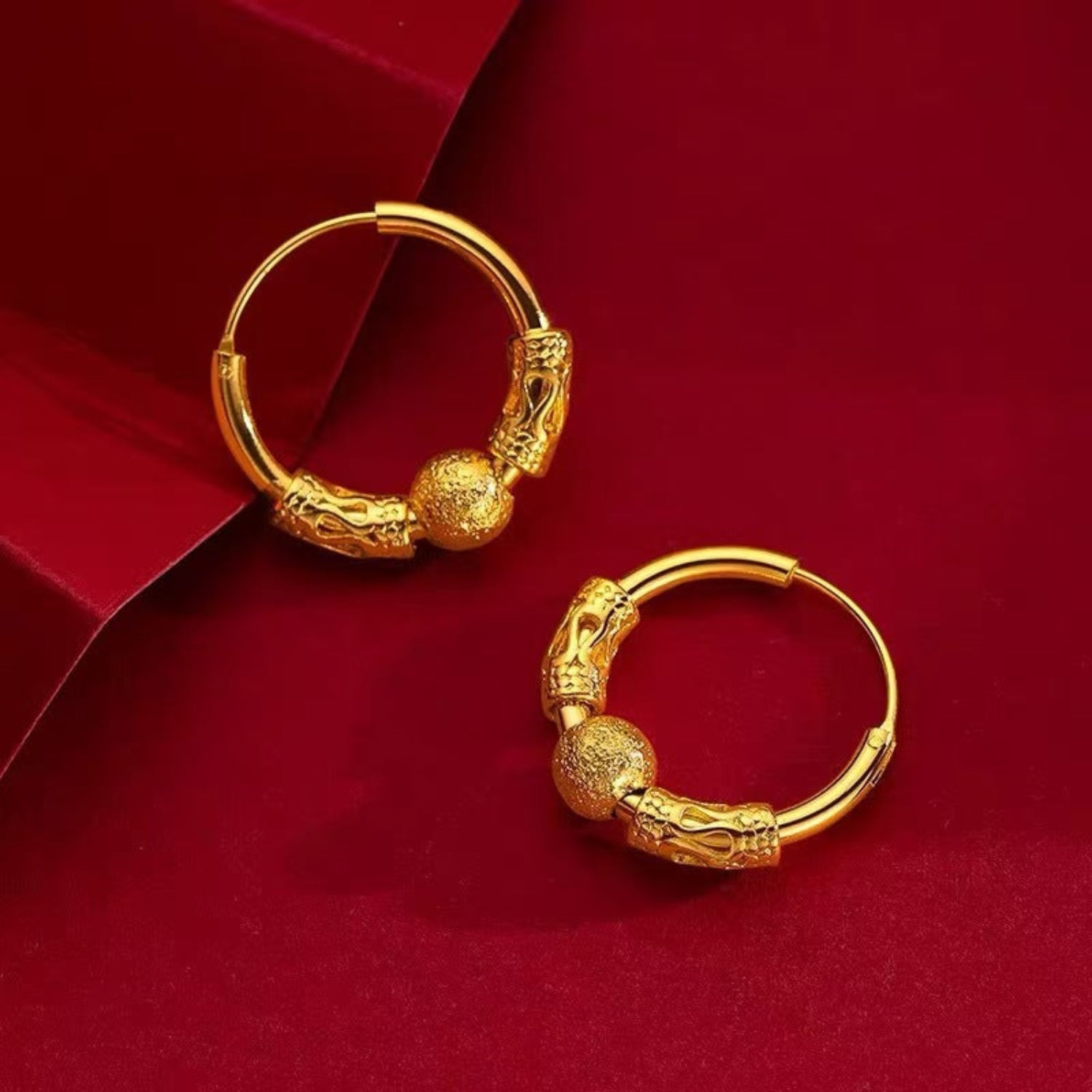 Gold Textured Bead Hoop Earrings JLT13818