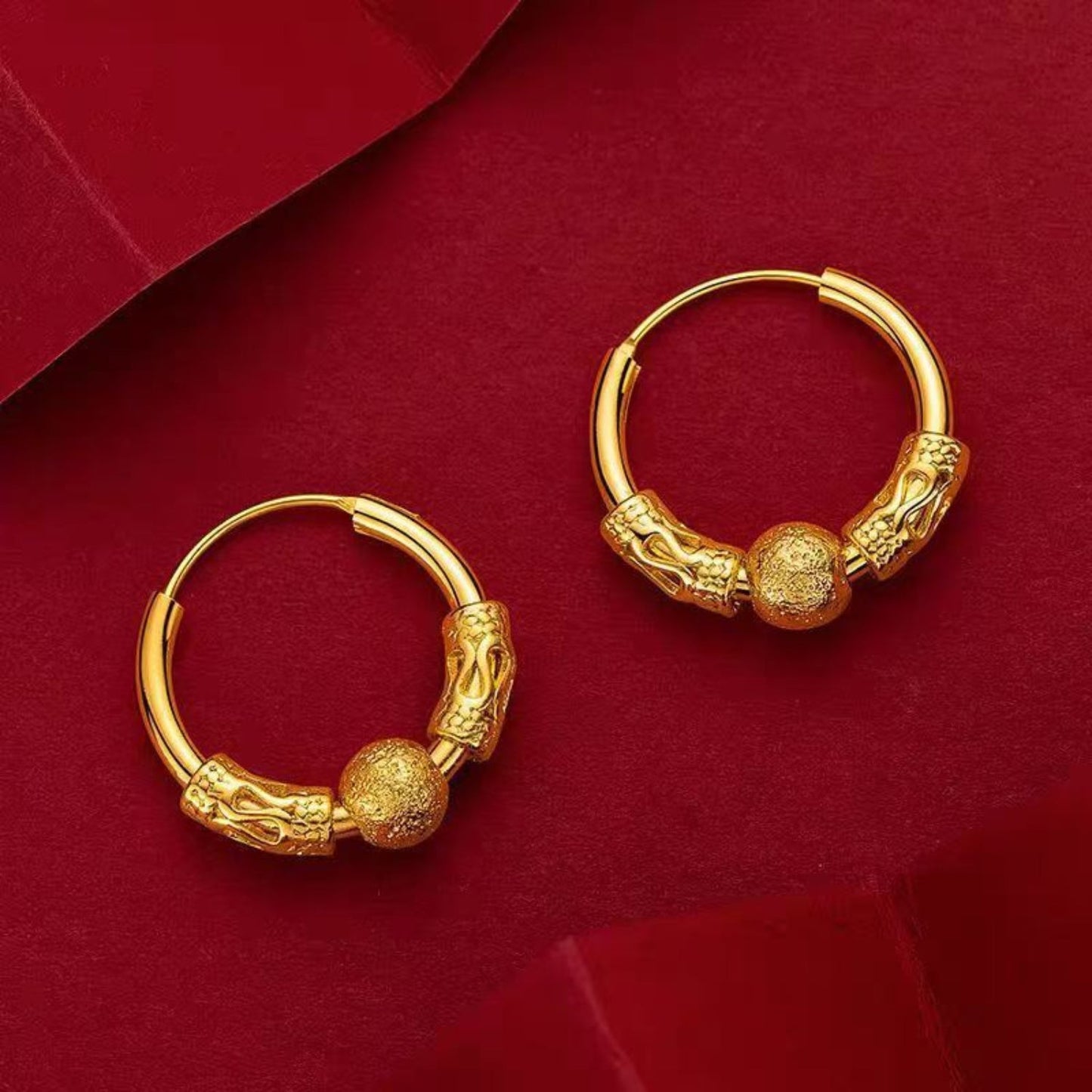 Gold Textured Bead Hoop Earrings JLT13818
