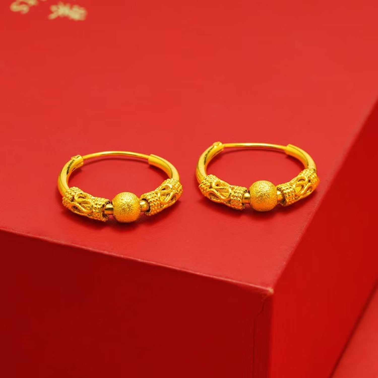 Gold Textured Bead Hoop Earrings JLT13818
