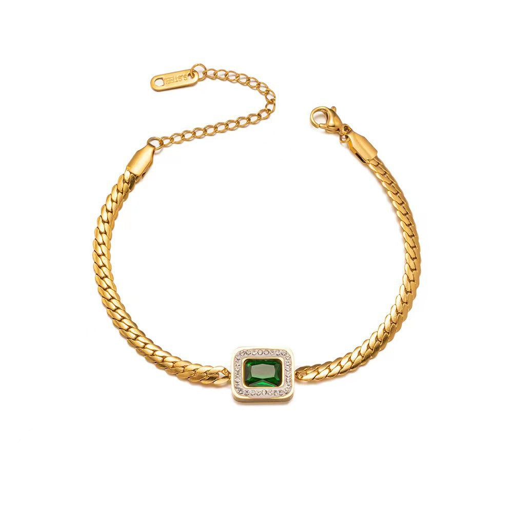 Elegant Curb Chain Bracelet with Deep Emerald Gem and Crystal Frame JLTB0680